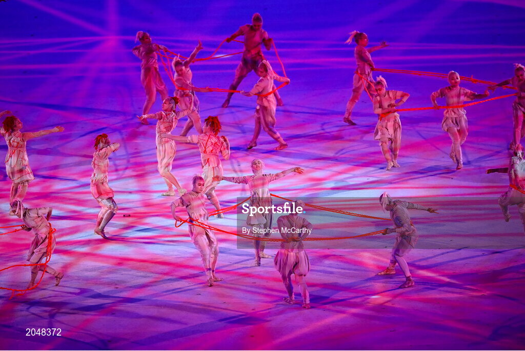 23 July 2021; Performers dancing during the light show, of the 2020 Tokyo Summer Olympic Games opening ceremony at the Olympic Stadium in Tokyo, Japan. Photo by Stephen McCarthy/Sportsfile