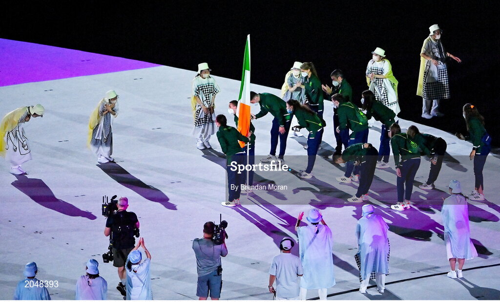 23 July 2021; Team Ireland athletes bow to their Japanese hosts during the 2020 Tokyo Summer Olympic Games opening ceremony at the Olympic Stadium in Tokyo, Japan. Photo by Brendan Moran/Sportsfile