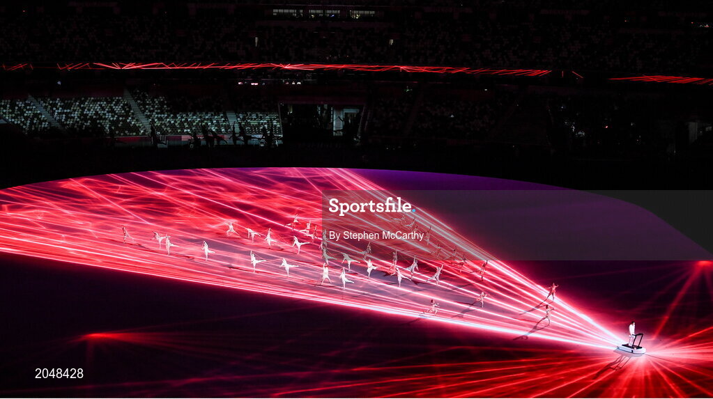 23 July 2021; Arisa Tsubata performs with dancers during the light show, of the 2020 Tokyo Summer Olympic Games opening ceremony at the Olympic Stadium in Tokyo, Japan. Photo by Stephen McCarthy/Sportsfile