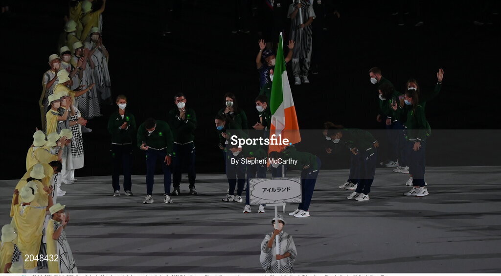 23 July 2021; 23 July 2021; Team Ireland athletes bow to their Japanese hosts during the 2020 Tokyo Summer Olympic Games opening ceremony at the Olympic Stadium in Tokyo, Japan. Photo by Stephen McCarthy/Sportsfile
