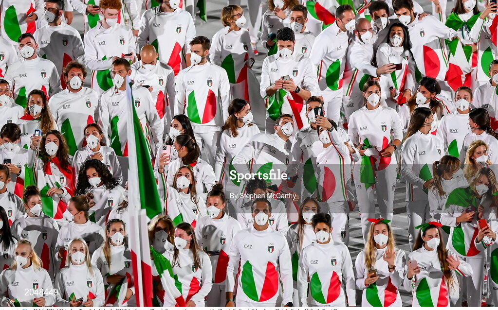 23 July 2021; Athletes from Team Italy during the 2020 Tokyo Summer Olympic Games opening ceremony at the Olympic Stadium in Tokyo, Japan. Photo by Stephen McCarthy/Sportsfile