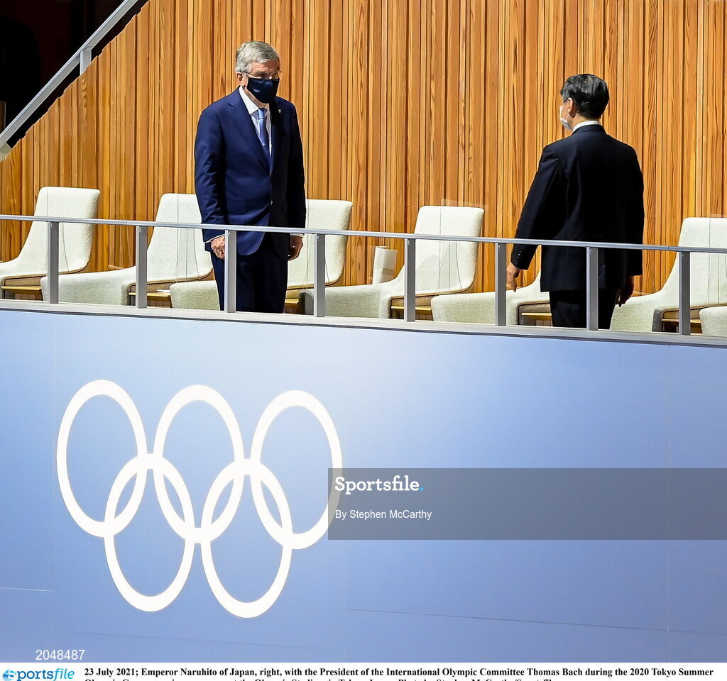 23 July 2021; Emperor Naruhito of Japan, right, with the President of the International Olympic Committee Thomas Bach during the 2020 Tokyo Summer Olympic Games opening ceremony at the Olympic Stadium in Tokyo, Japan. Photo by Stephen McCarthy/Sportsfile