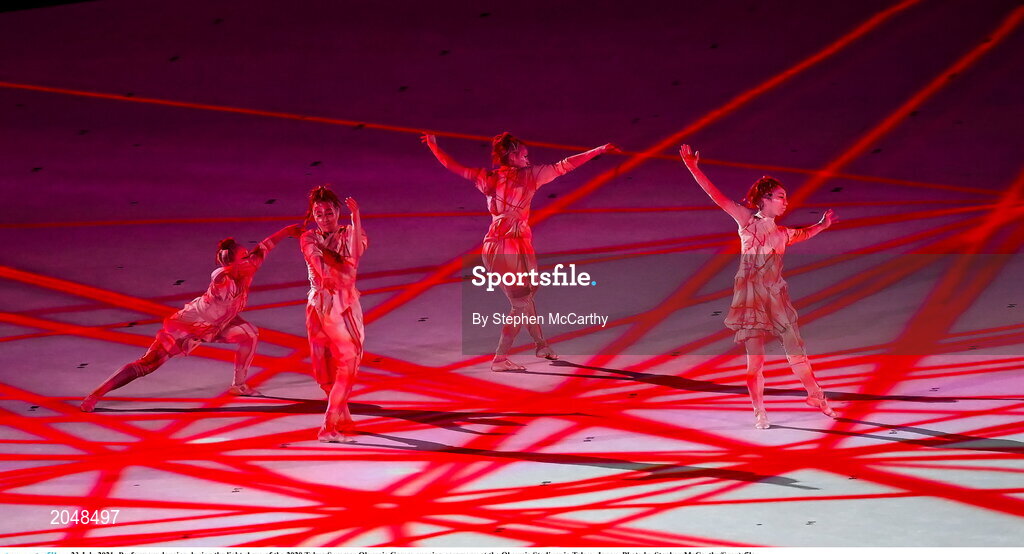 23 July 2021; Performers dancing during the light show, of the 2020 Tokyo Summer Olympic Games opening ceremony at the Olympic Stadium in Tokyo, Japan. Photo by Stephen McCarthy/Sportsfile