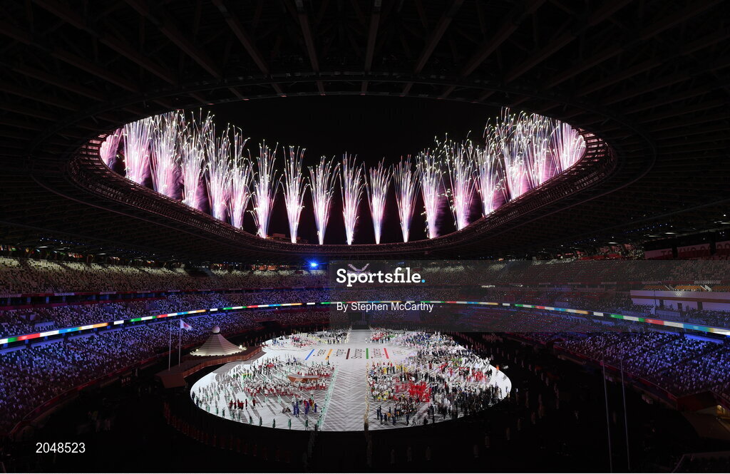 23 July 2021; A general view as fireworks are set off during the 2020 Tokyo Summer Olympic Games opening ceremony at the Olympic Stadium in Tokyo, Japan. Photo by Stephen McCarthy/Sportsfile