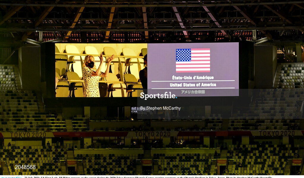 23 July 2021; US First Lady Jill Biden appears on the screen during the 2020 Tokyo Summer Olympic Games opening ceremony at the Olympic Stadium in Tokyo, Japan. Photo by Stephen McCarthy/Sportsfile