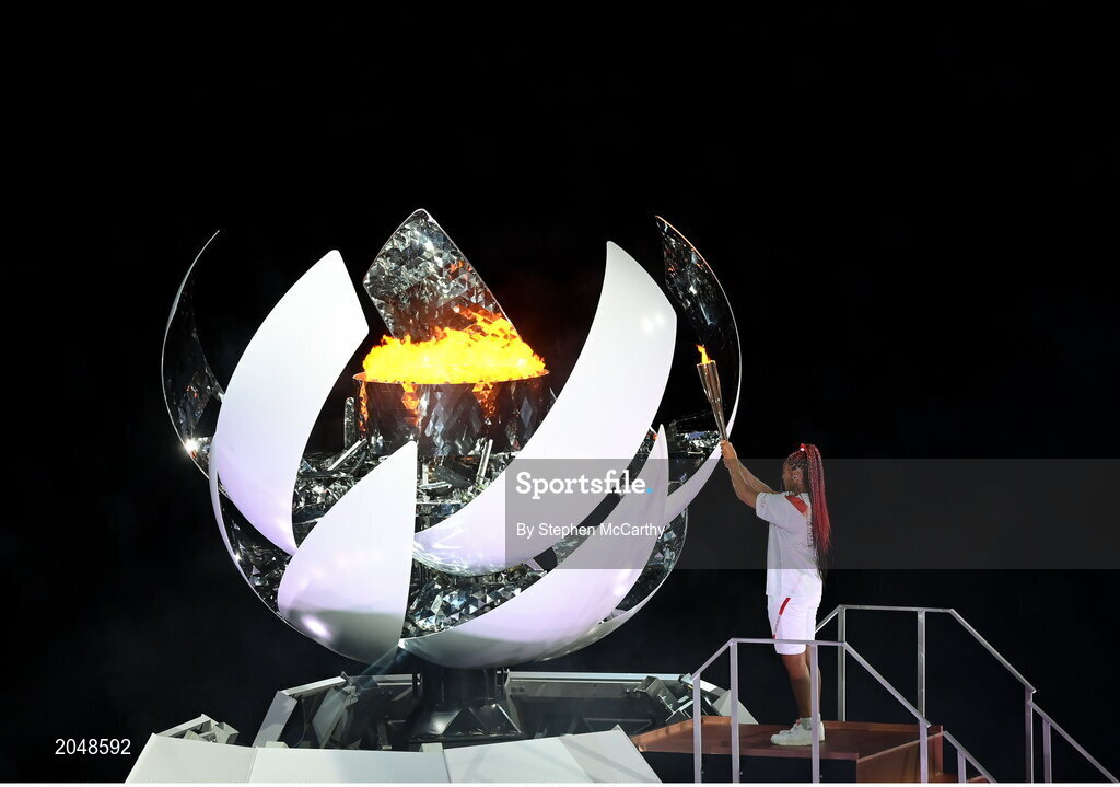 23 July 2021; Naomi Osaka of Japan lighting the Olympic Flame during the 2020 Tokyo Summer Olympic Games opening ceremony at the Olympic Stadium in Tokyo, Japan. Photo by Stephen McCarthy/Sportsfile