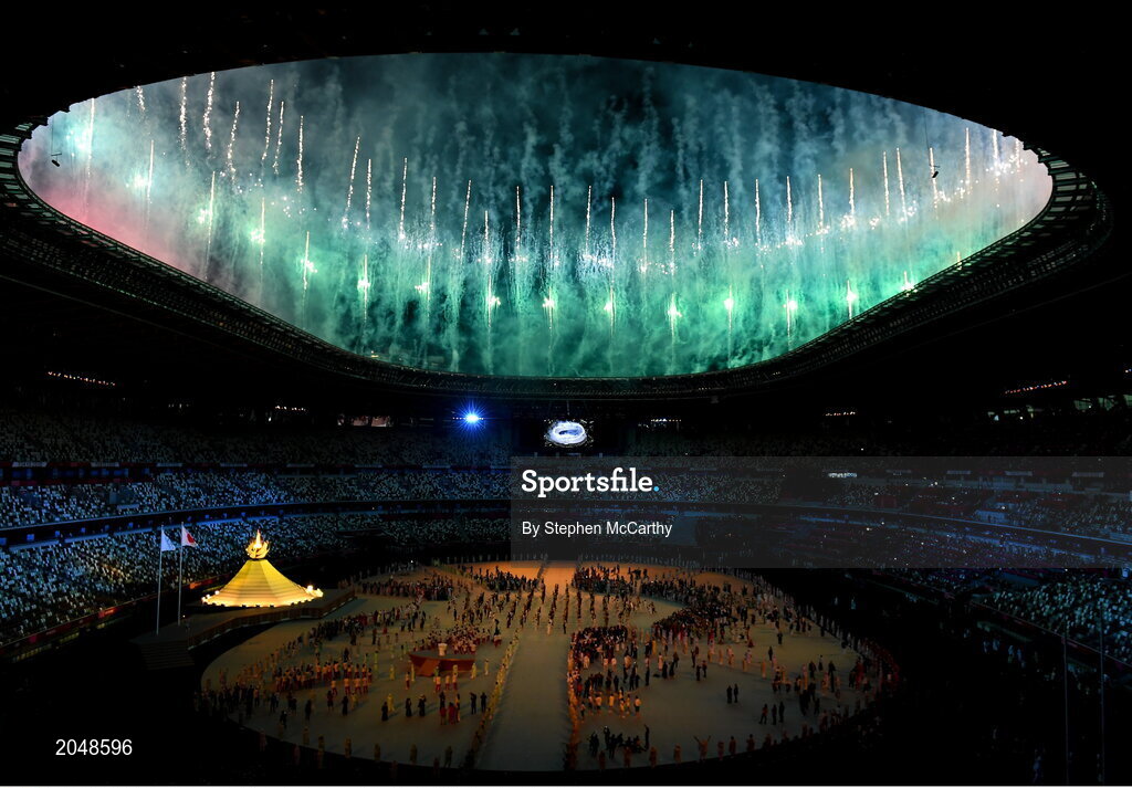 23 July 2021; A general view as the Olympic Flame is lit during the 2020 Tokyo Summer Olympic Games opening ceremony at the Olympic Stadium in Tokyo, Japan. Photo by Stephen McCarthy/Sportsfile
