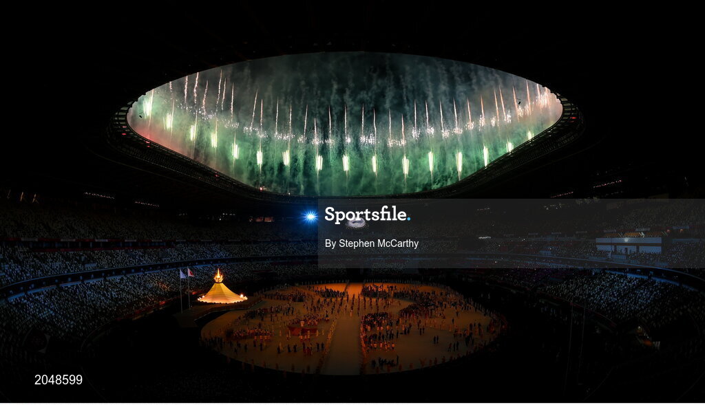23 July 2021; A general view as the Olympic Flame is lit during the 2020 Tokyo Summer Olympic Games opening ceremony at the Olympic Stadium in Tokyo, Japan. Photo by Stephen McCarthy/Sportsfile