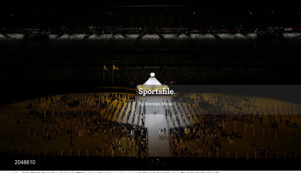 23 July 2021; The Olympic flame is lit during the 2020 Tokyo Summer Olympic Games opening ceremony at the Olympic Stadium in Tokyo, Japan. Photo by Brendan Moran/Sportsfile