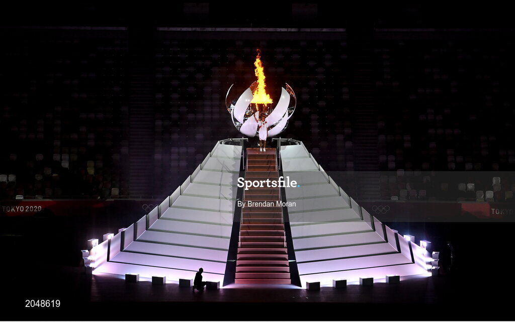 23 July 2021; Naomi Osaka of Japan smiles after lighting the Olympic torch during the 2020 Tokyo Summer Olympic Games opening ceremony at the Olympic Stadium in Tokyo, Japan. Photo by Brendan Moran/Sportsfile