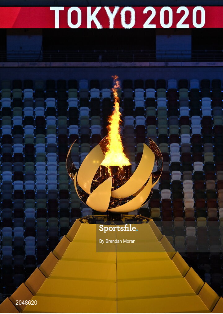 23 July 2021; The Olympic flame is lit during the 2020 Tokyo Summer Olympic Games opening ceremony at the Olympic Stadium in Tokyo, Japan. Photo by Brendan Moran/Sportsfile
