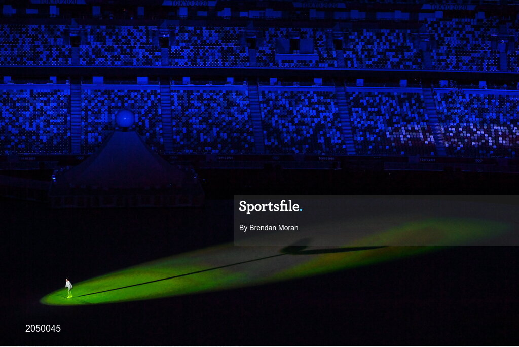 23 July 2021; A performer during the light show of the 2020 Tokyo Summer Olympic Games opening ceremony at the Olympic Stadium in Tokyo, Japan. Photo by Brendan Moran/Sportsfile