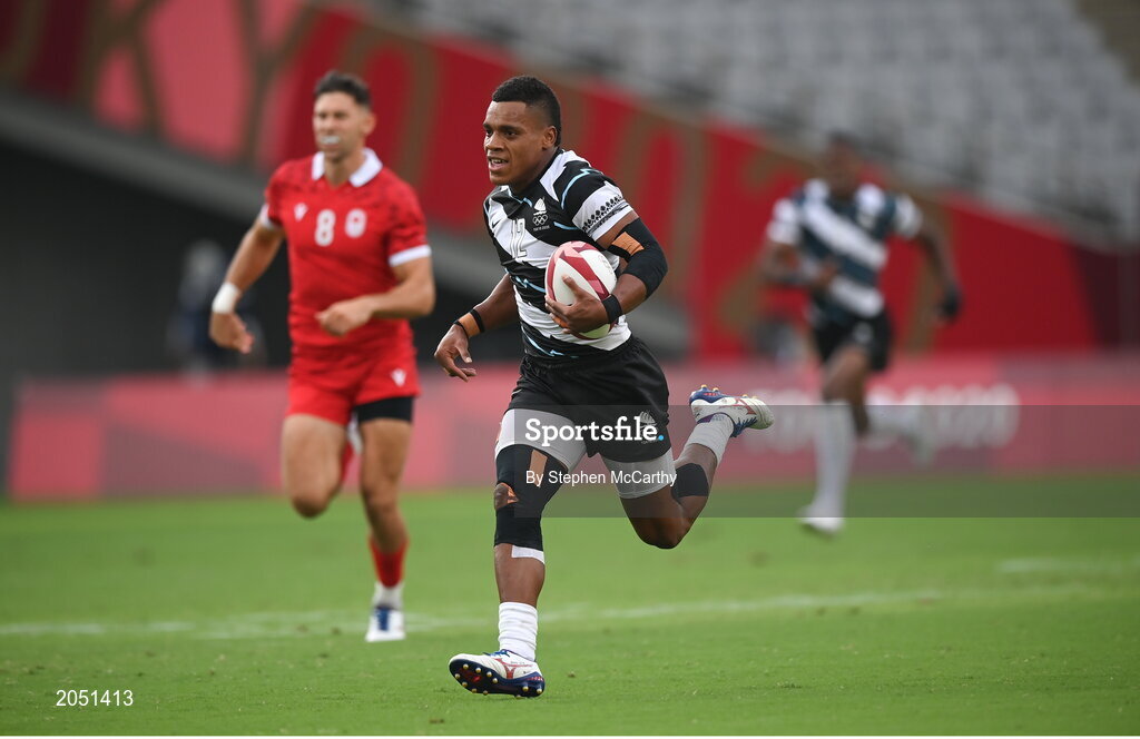 26 July 2021; Bolaca Napolioni of Fiji on his way to scoring his side's first try during the rugby sevens men's pool B match between Fiji and Canada at the Tokyo Stadium during the 2020 Tokyo Summer Olympic Games in Tokyo, Japan. Photo by Stephen McCarthy/Sportsfile