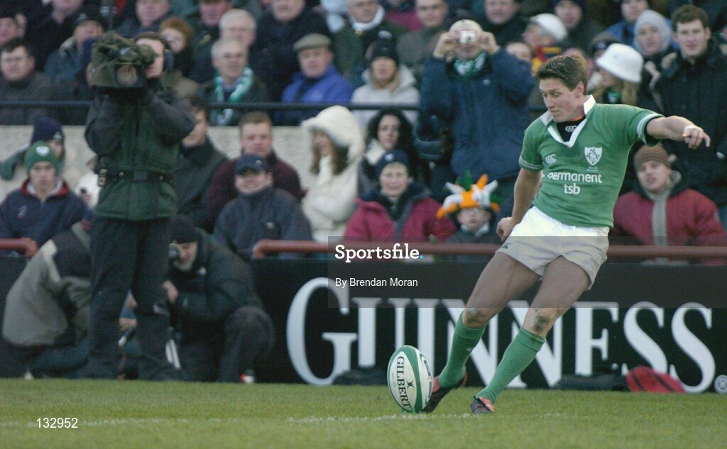 22 February 2004; Ronan O'Gara, Ireland, kicks a conversion against Wales, watched by a TV camera. RBS 6 Nations Championship 2003-2004, Ireland v Wales, Lansdowne Road, Dublin. Picture credit; Brendan Moran / SPORTSFILE *EDI*