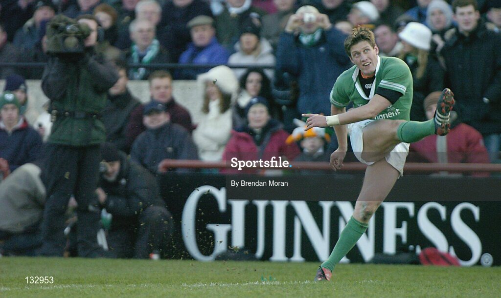 22 February 2004; Ronan O'Gara, Ireland, kicks a conversion against Wales, watched by a TV camera. RBS 6 Nations Championship 2003-2004, Ireland v Wales, Lansdowne Road, Dublin. Picture credit; Brendan Moran / SPORTSFILE *EDI*