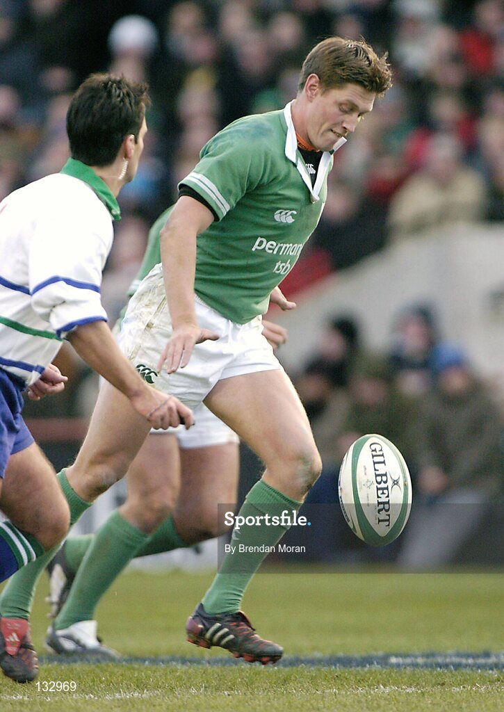 22 February 2004; Ronan O'Gara, Ireland, restarts the game after a Welsh try. RBS 6 Nations Championship 2003-2004, Ireland v Wales, Lansdowne Road, Dublin. Picture credit; Brendan Moran / SPORTSFILE *EDI*