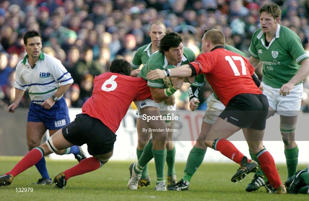 22 February 2004; Shane Horgan, Ireland, in action against Jonathan Thomas (6) and Gethin Jenkins, Wales. RBS 6 Nations Championship 2003-2004, Ireland v Wales, Lansdowne Road, Dublin. Picture credit; Brendan Moran / SPORTSFILE *EDI*