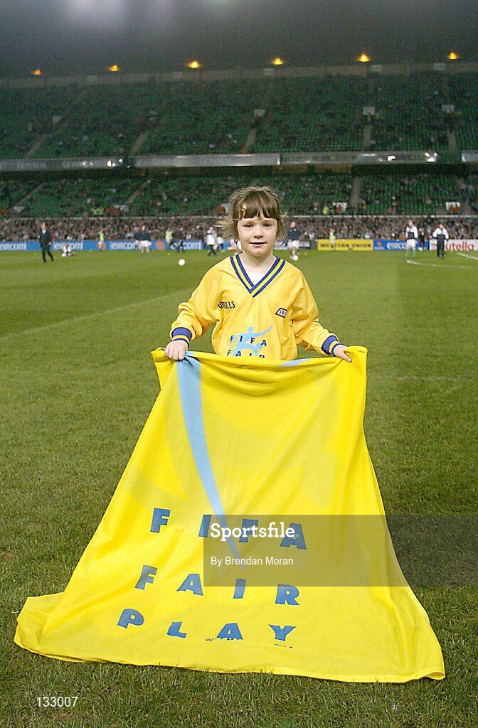 18 February 2004; Aoife O'Donoghue, aged 6, from Dublin, pictured as a member of the Snickers Fair Play team who led the teams out before the game. International Friendly, Republic of Ireland v Brazil, Lansdowne Road. Dublin. Picture credit; Brendan Moran / SPORTSFILE *EDI*