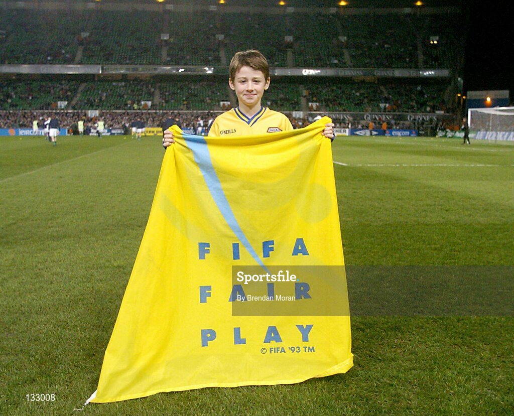 18 February 2004; Conall Seoige, aged 10, from Galway,  pictured as a member of the Snickers Fair Play team who led the teams out before the game. International Friendly, Republic of Ireland v Brazil, Lansdowne Road. Dublin. Picture credit; Brendan Moran / SPORTSFILE *EDI*