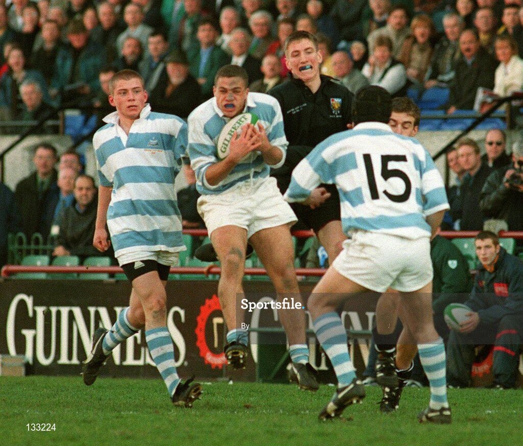 17 March 1999; Conor Buckley, Blackrock College, supported by Dermot Laide, left, and Paul Drew, 15, gains possession. Senior Challenge Cup Final, Blackrock College v Roscrea, Lansdowne Road, Dublin. Picture credit; David Maher / SPORTSFILE