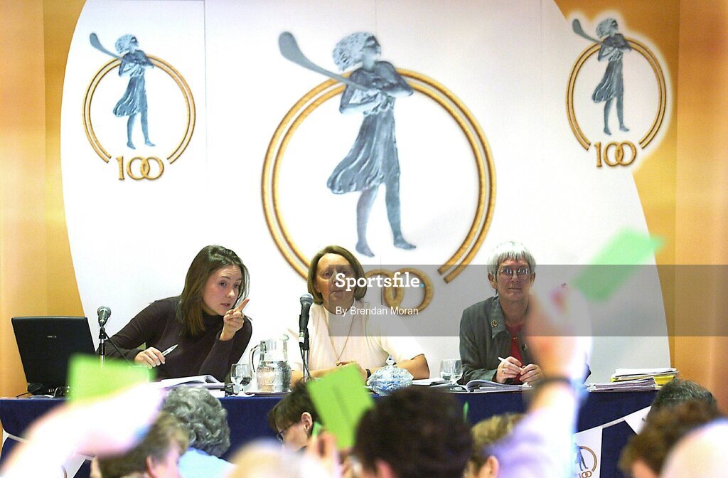 28 February 2004; The top table, from left, Sinead O'Connor, Sponsorship and Finance manager, Miriam O'Callaghan, Uachtarain, and Sile Wallace, tally the delegates during a vote on a motion at the Annual Congress of Cumann Camogaiocht na nGael during the  associations centenary celebrations at the Citywest Hotel, Dublin. Picture credit; Brendan Moran / SPORTSFILE *EDI*