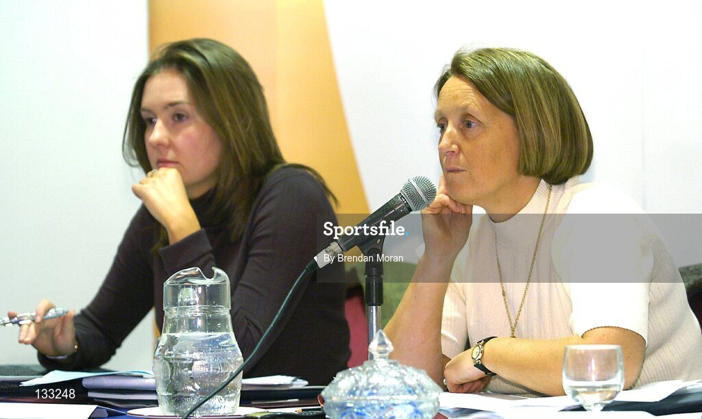 28 February 2004; Sinead O'Connor, Sponsorship and Finance manager, left, and Miriam O'Callaghan, Uachtarain, during a debate on a motion at the Annual Congress of Cumann Camogaiocht na nGael during the  associations centenary celebrations at the Citywest Hotel, Dublin. Picture credit; Brendan Moran / SPORTSFILE *EDI*