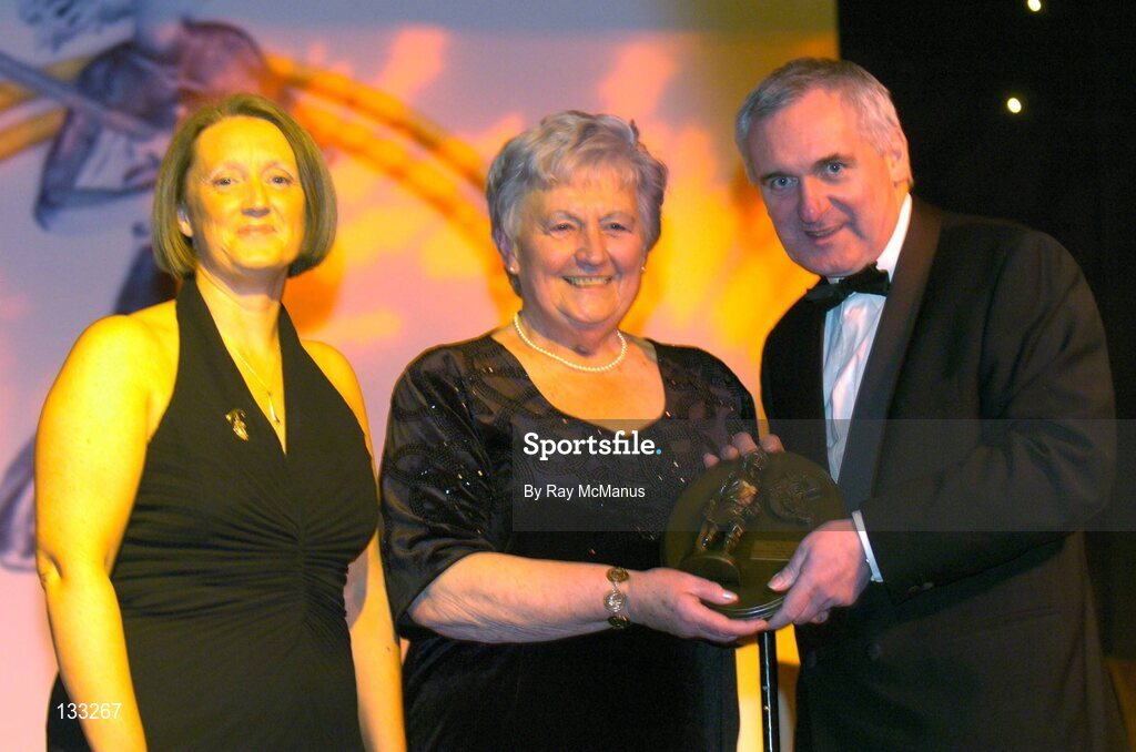 28 February 2004; Eileen Duffy O'Mahony, from Dublin, who was named on the Camogie team of the Century, with An Taoiseach, Bertie Ahern, TD, and Miriam O'Callaghan, Uachtaran, Cumann Camogaiochta na nGael, at the Cumann Camogaiochta na nGael centenary celebrations at the Citywest Hotel, Dublin. Picture credit; Ray McManus / SPORTSFILE *EDI*