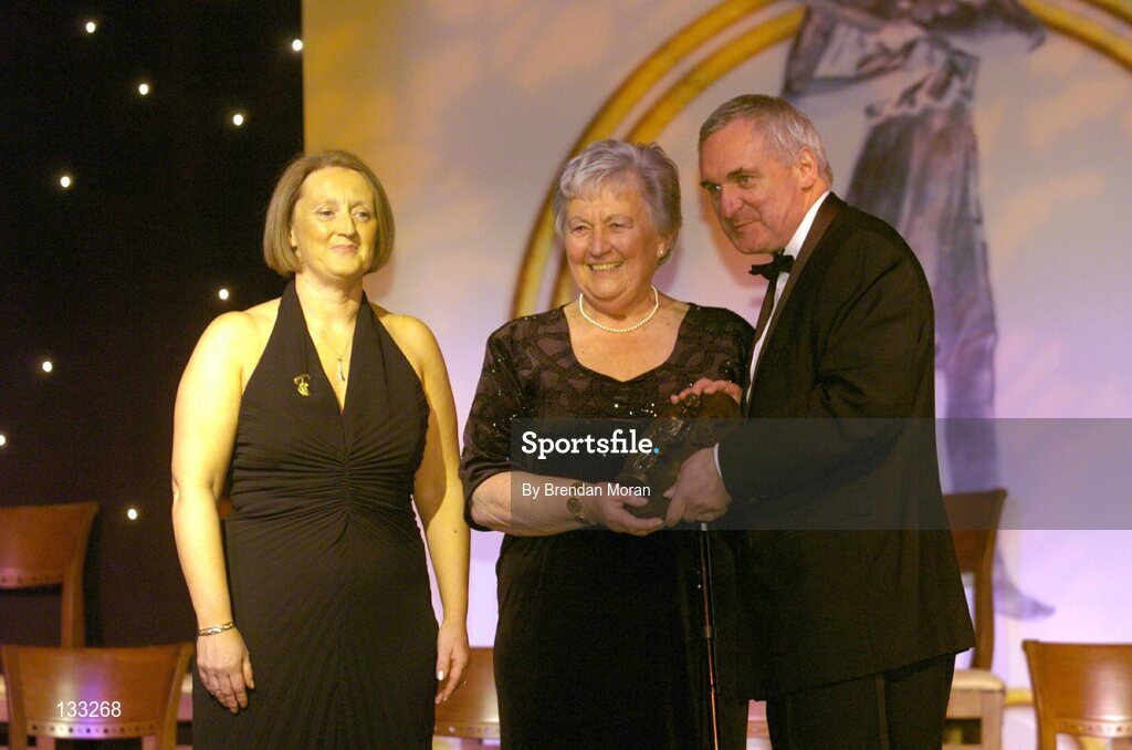 28 February 2004; Eileen Duffy O'Mahony, from Dublin, who was named on the Camogie team of the Century, with An Taoiseach, Bertie Ahern, T.D,  and Miriam O'Callaghan, Uachtaran, Cumann Camogaiochta na nGael, at the Cumann Camogaiocht na nGael centenary celebrations at the Citywest Hotel, Dublin. Picture credit; Brendan Moran / SPORTSFILE *EDI*