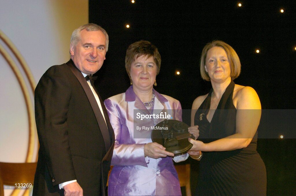 28 February 2004; Liz Neary, Kilkenny, who was named on the Camogie team of the Century, with An Taoiseach, Bertie Ahern, TD, and Miriam O'Callaghan, Uachtaran, Cumann Camogaiochta na nGael, at the Cumann Camogaiochta na nGael centenary celebrations at the Citywest Hotel, Dublin. Picture credit; Ray McManus / SPORTSFILE *EDI*