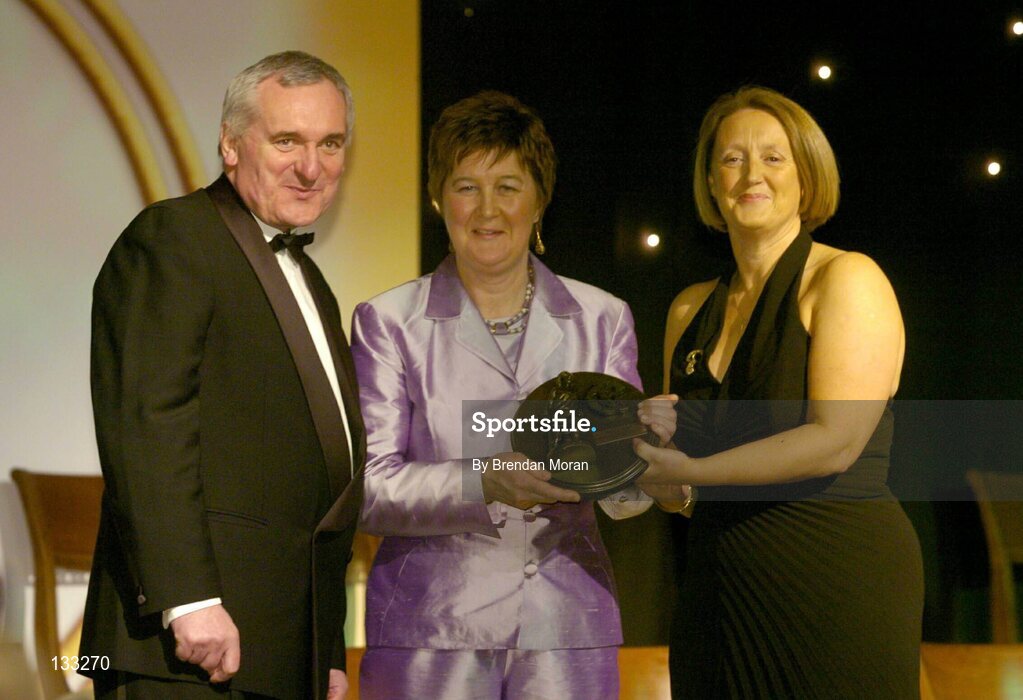 28 February 2004; Liz Neary, Kilkenny, who was named on the Camogie team of the Century, with An Taoiseach, Bertie Ahern, T.D,  and Miriam O'Callaghan, Uachtaran, Cumann Camogaiochta na nGael, at the Cumann Camogaiocht na nGael centenary celebrations at the Citywest Hotel, Dublin. Picture credit; Brendan Moran / SPORTSFILE *EDI*