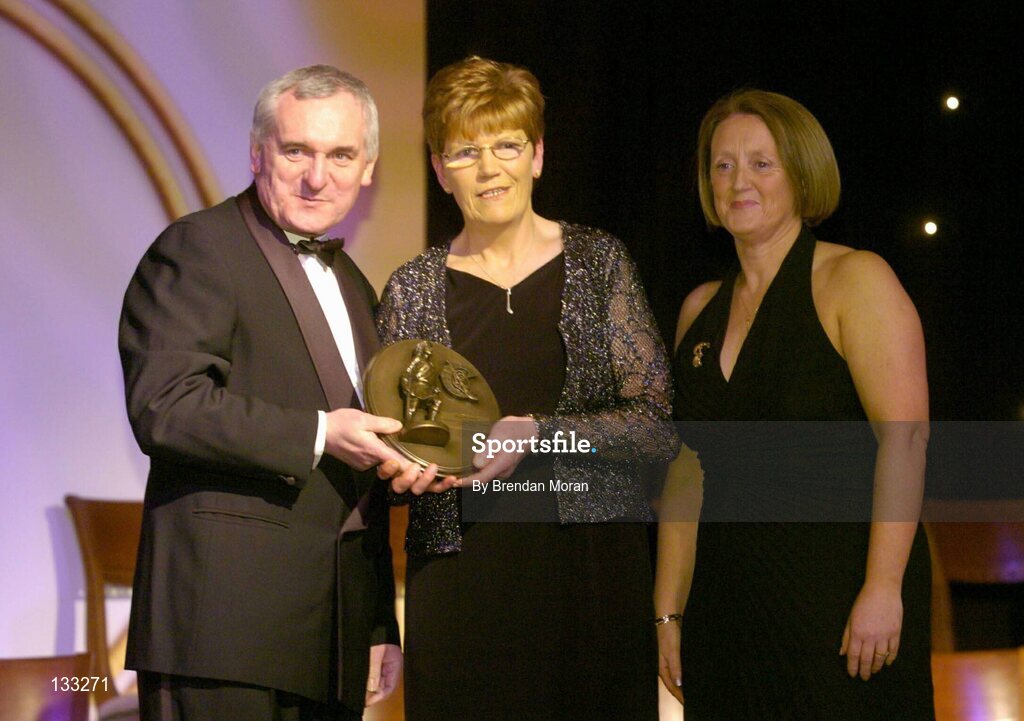 28 February 2004; Marie Costine O'Donovan, Cork, who was named on the Camogie team of the Century, with An Taoiseach, Bertie Ahern, T.D,  and Miriam O'Callaghan, Uachtaran, Cumann Camogaiochta na nGael, at the Cumann Camogaiocht na nGael centenary celebrations at the Citywest Hotel, Dublin. Picture credit; Brendan Moran / SPORTSFILE *EDI*