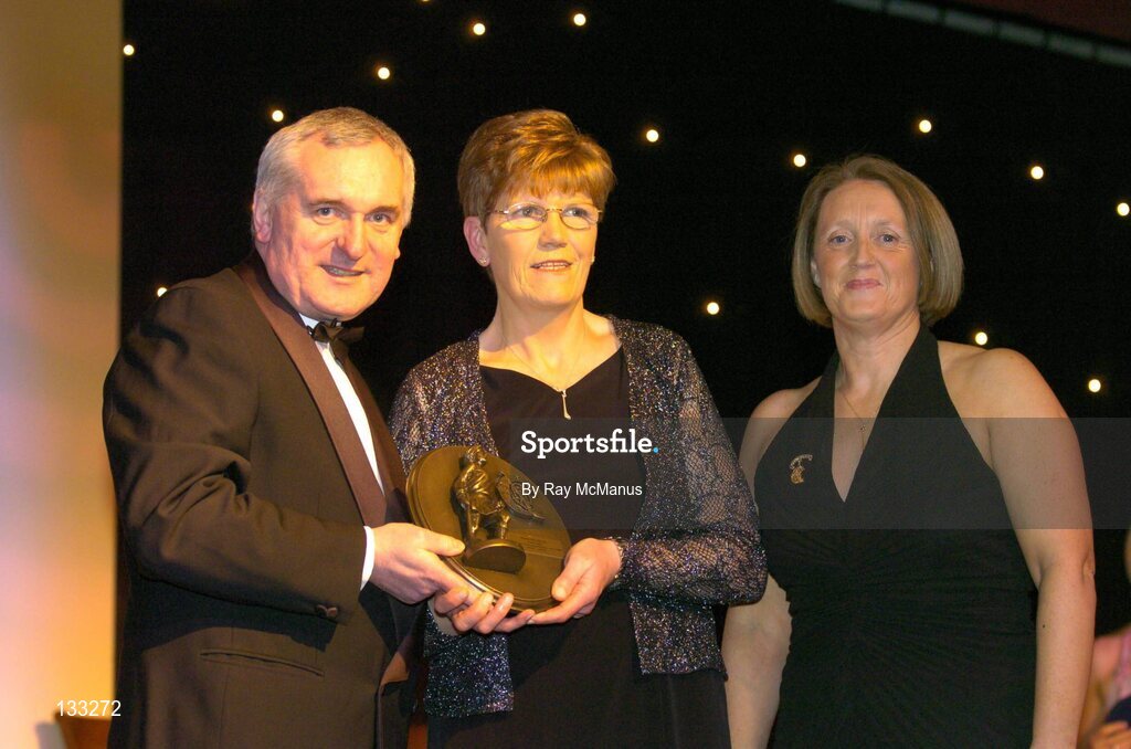 28 February 2004; Marie Costine O'Donovan, Cork, who was named on the Camogie team of the Century, with An Taoiseach, Bertie Ahern, TD, and Miriam O'Callaghan, Uachtaran, Cumann Camogaiochta na nGael, at the Cumann Camogaiochta na nGael centenary celebrations at the Citywest Hotel, Dublin. Picture credit; Ray McManus / SPORTSFILE *EDI*