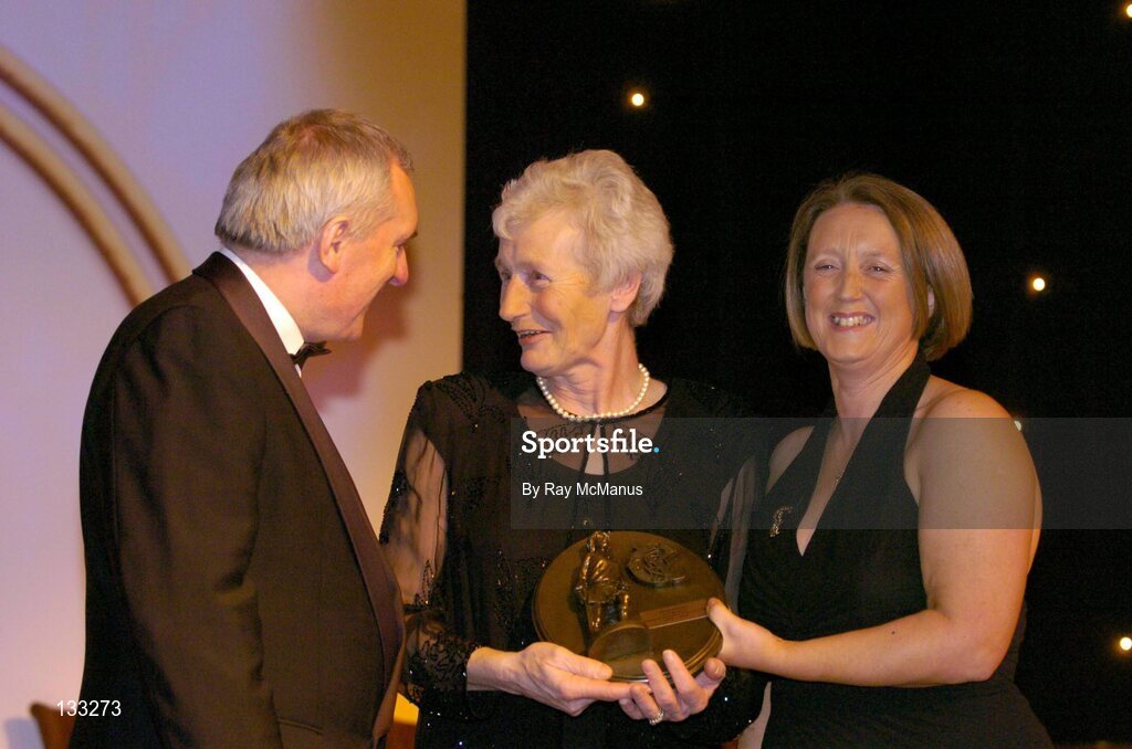 28 February 2004; Mary Sinnott Dinan, Wexford, who was named on the Camogie team of the Century, with An Taoiseach, Bertie Ahern, TD, and Miriam O'Callaghan, Uachtaran, Cumann Camogaiochta na nGael, at the Cumann Camogaiochta na nGael centenary celebrations at the Citywest Hotel, Dublin. Picture credit; Ray McManus / SPORTSFILE *EDI*