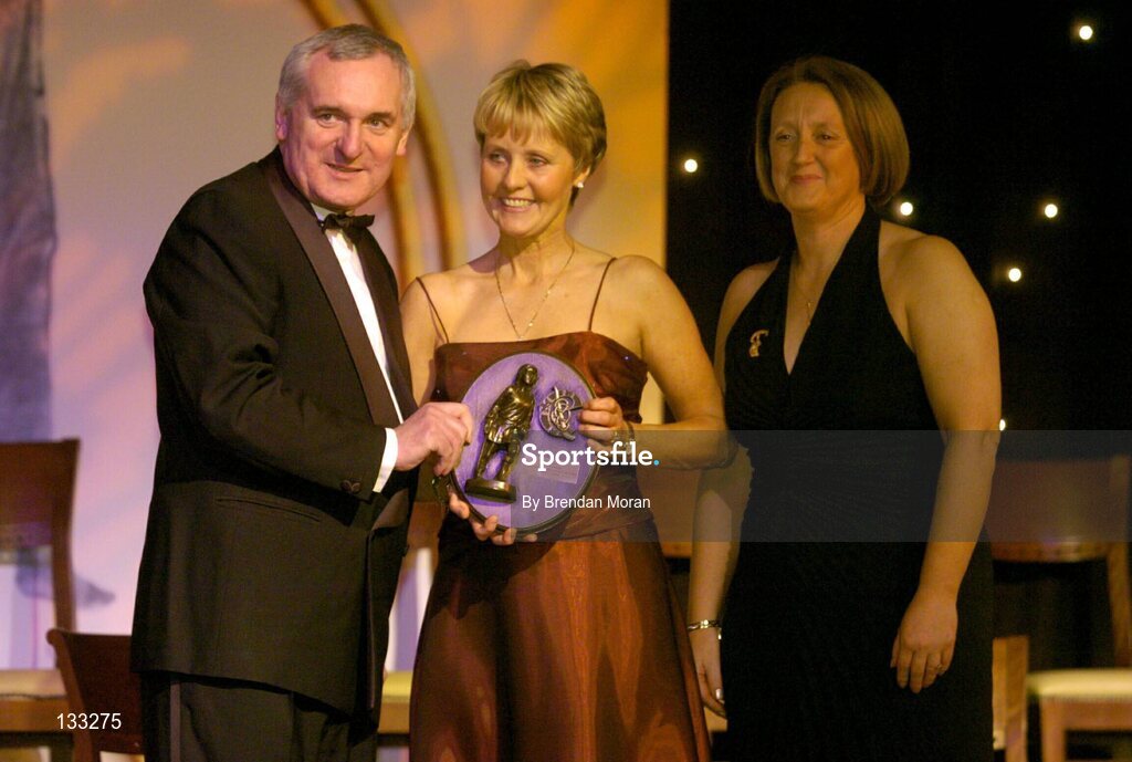 28 February 2004; Bridie Martin McGarry, Kilkenny, who was named on the Camogie team of the Century, with An Taoiseach, Bertie Ahern, T.D,  and Miriam O'Callaghan, Uachtaran, Cumann Camogaiochta na nGael, at the Cumann Camogaiocht na nGael centenary celebrations at the Citywest Hotel, Dublin. Picture credit; Brendan Moran / SPORTSFILE *EDI*