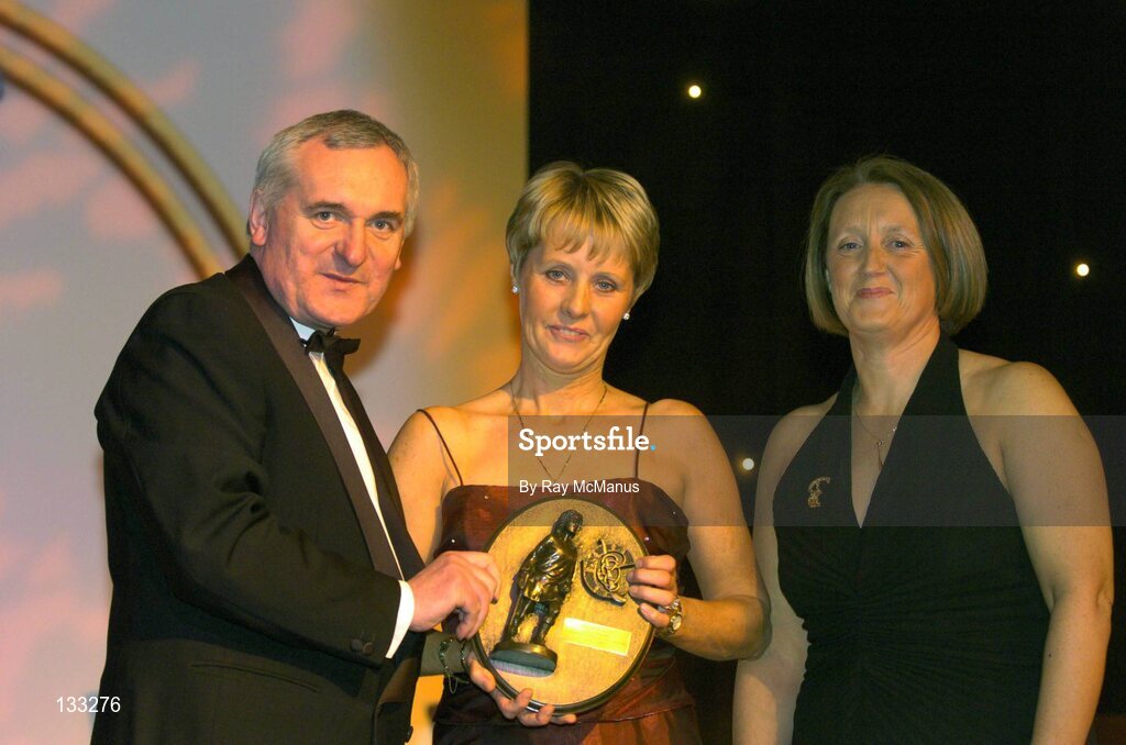 28 February 2004; Bridie Martin McGarry, Kilkenny, who was named on the Camogie team of the Century, with An Taoiseach, Bertie Ahern, TD, and Miriam O'Callaghan, Uachtaran, Cumann Camogaiochta na nGael, at the Cumann Camogaiochta na nGael centenary celebrations at the Citywest Hotel, Dublin. Picture credit; Ray McManus / SPORTSFILE *EDI*