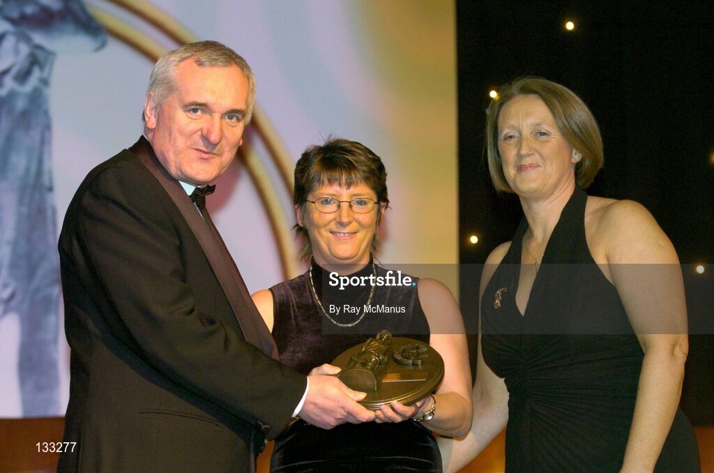 28 February 2004; Sandie Fitzgibbon, Cork, who was named on the Camogie team of the Century, with An Taoiseach, Bertie Ahern, TD, and Miriam O'Callaghan, Uachtaran, Cumann Camogaiochta na nGael, at the Cumann Camogaiochta na nGael centenary celebrations at the Citywest Hotel, Dublin. Picture credit; Ray McManus / SPORTSFILE *EDI*