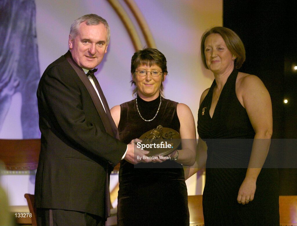 28 February 2004; Sandie Fitzgibbon, Cork, who was named on the Camogie team of the Century, with An Taoiseach, Bertie Ahern, T.D,  and Miriam O'Callaghan, Uachtaran, Cumann Camogaiochta na nGael, at the Cumann Camogaiocht na nGael centenary celebrations at the Citywest Hotel, Dublin. Picture credit; Brendan Moran / SPORTSFILE *EDI*