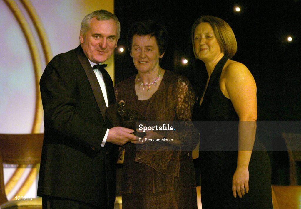 28 February 2004; Margaret O'Leary Leacy, Wexford, who was named on the Camogie team of the Century, with An Taoiseach, Bertie Ahern, T.D,  and Miriam O'Callaghan, Uachtaran, Cumann Camogaiochta na nGael, at the Cumann Camogaiocht na nGael centenary celebrations at the Citywest Hotel, Dublin. Picture credit; Brendan Moran / SPORTSFILE *EDI*