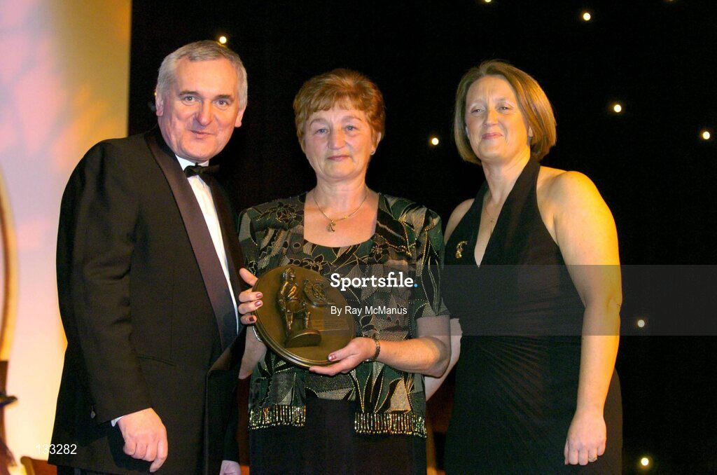 28 February 2004; Mairead McAtamney Magill, Antrim, who was named on the Camogie team of the Century, with An Taoiseach, Bertie Ahern, TD, and Miriam O'Callaghan, Uachtaran, Cumann Camogaiochta na nGael, at the Cumann Camogaiochta na nGael centenary celebrations at the Citywest Hotel, Dublin. Picture credit; Ray McManus / SPORTSFILE *EDI*