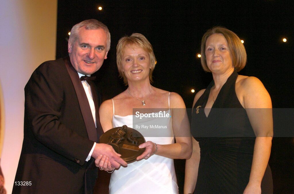 28 February 2004; Linda Mellerick, Cork, who was named on the Camogie team of the Century, with An Taoiseach, Bertie Ahern, TD, and Miriam O'Callaghan, Uachtaran, Cumann Camogaiochta na nGael, at the Cumann Camogaiochta na nGael centenary celebrations at the Citywest Hotel, Dublin. Picture credit; Ray McManus / SPORTSFILE *EDI*