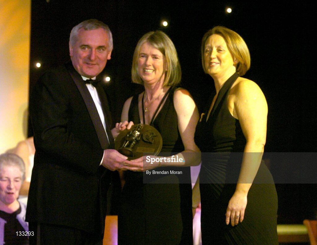 28 February 2004; Pat Moloney Lenihan, Cork, who was named on the Camogie team of the Century, with An Taoiseach, Bertie Ahern, T.D,  and Miriam O'Callaghan, Uachtaran, Cumann Camogaiochta na nGael, at the Cumann Camogaiocht na nGael centenary celebrations at the Citywest Hotel, Dublin. Picture credit; Brendan Moran / SPORTSFILE *EDI*