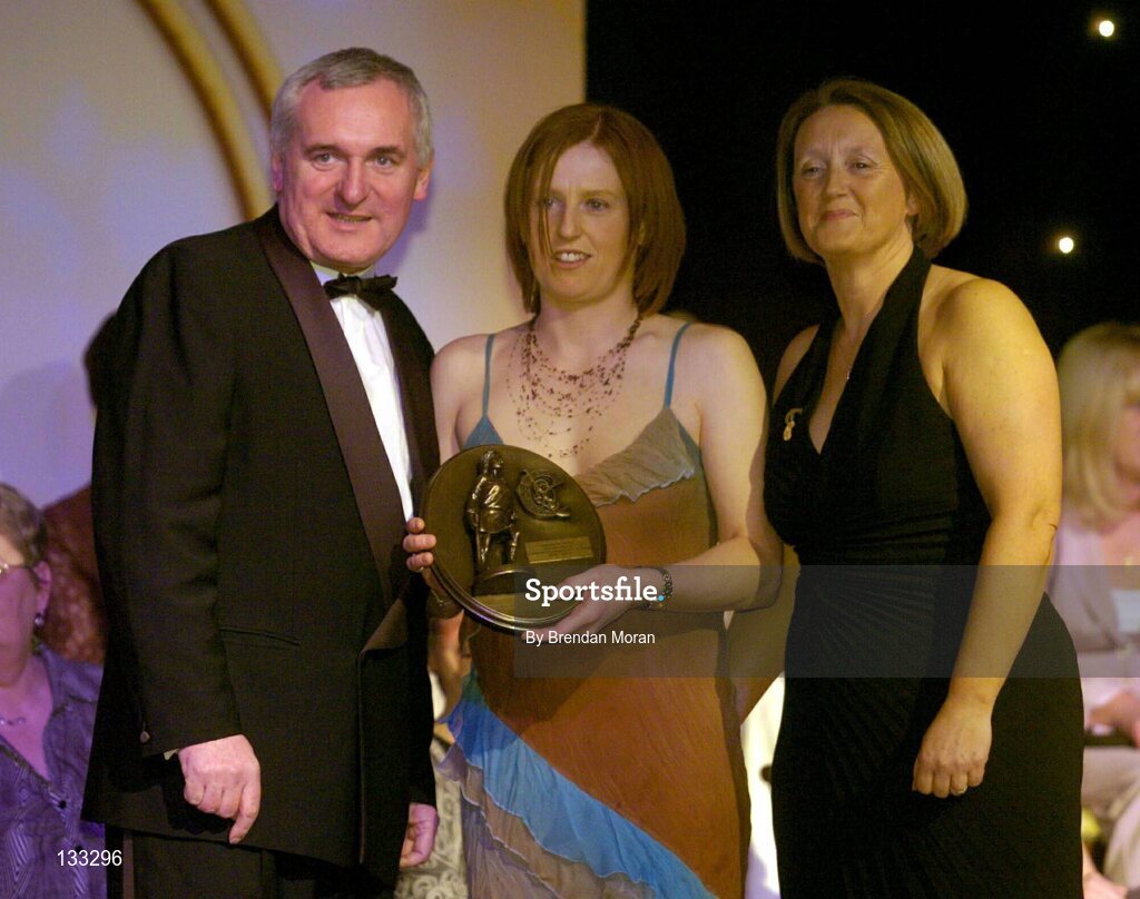 28 February 2004; Deirdre Hughes, Tipperary, who was named on the Camogie team of the Century, with An Taoiseach, Bertie Ahern, T.D,  and Miriam O'Callaghan, Uachtaran, Cumann Camogaiochta na nGael, at the Cumann Camogaiocht na nGael centenary celebrations at the Citywest Hotel, Dublin. Picture credit; Brendan Moran / SPORTSFILE *EDI*