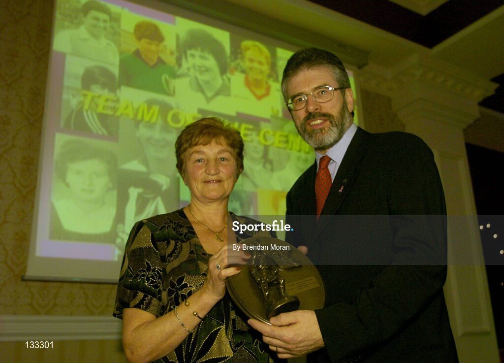 28 February 2004; Mairead McAtamney Magill with Sinn Fein President Gerry Adams, after she was named on the Camogie team of the Century, at the Cumann Camogaiocht na nGael centenary celebrations at the Citywest Hotel, Dublin. Picture credit; Brendan Moran / SPORTSFILE *EDI*