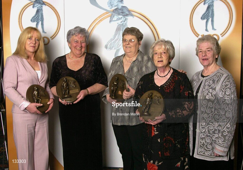 28 February 2004; Marian Carolan, on behalf of the late Kathleen Mills Hill, Eileen Duffy O'Mahony, Una O'Connor and Maura Brack and Nancy McCarthy, on behalf of their  late sister Sophie Brack, who were named on the Camogie team of the Century, at the Cumann Camogaiocht na nGael centenary celebrations at the Citywest Hotel, Dublin. Picture credit; Brendan Moran / SPORTSFILE *EDI*