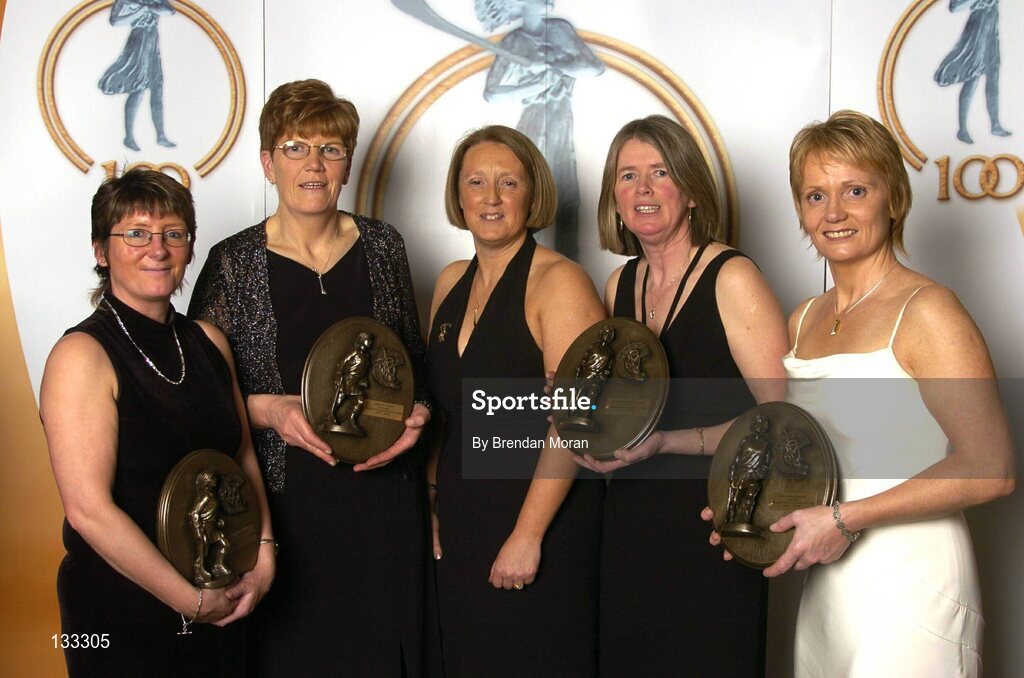 28 February 2004; Sandie Fitzgibbon, left, Marie Costine O'Donovan, 2nd from left, Pat Moloney Lenihan and Linda Mellerick, right, who were named on the Camogie team of the Century, with Miriam O'Callaghan, centre, Uachtaran, Cumann Camogaiochta na nGael, at the Cumann Camogaiocht na nGael centenary celebrations at the Citywest Hotel, Dublin. Picture credit; Brendan Moran / SPORTSFILE *EDI*