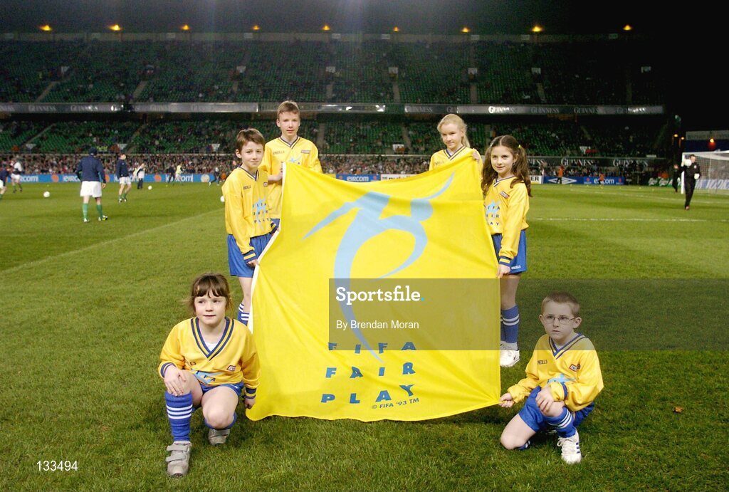 18 February 2004; The Snickers Fair Play team who led the teams out before the game are, back row, Ben and Ailbhe Logan, age 14, from Dublin, middle row, Conal Seoige, age 10, from Galway, Lori McHale, age 10, from Cork, front row, Aoife O'Donoghue, age 6, and Darragh Leen, age 6. International Friendly, Republic of Ireland v Brazil, Lansdowne Road. Dublin. Picture credit; Brendan Moran / SPORTSFILE *EDI*