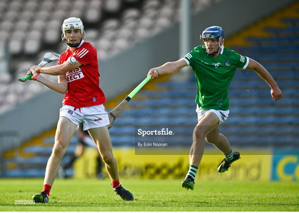 27 July 2021; Jack Leahy of Cork in action against Liam Dennehy of Limerick during the Electric Ireland Munster GAA Minor Hurling Championship Semi-Final match between Limerick and Cork at Semple Stadium in Thurles, Tipperary. Photo by Eóin Noonan/Sportsfile