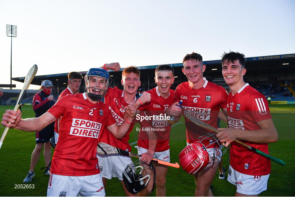 27 July 2021; Cork players, from left, Darragh O'Sullivan, Ross O'Sullivan, Eoin O'Leary, Ben O'Connor and Tadgh O'Connell celebrate after the Electric Ireland Munster GAA Minor Hurling Championship Semi-Final match between Limerick and Cork at Semple Stadium in Thurles, Tipperary. Photo by Eóin Noonan/Sportsfile