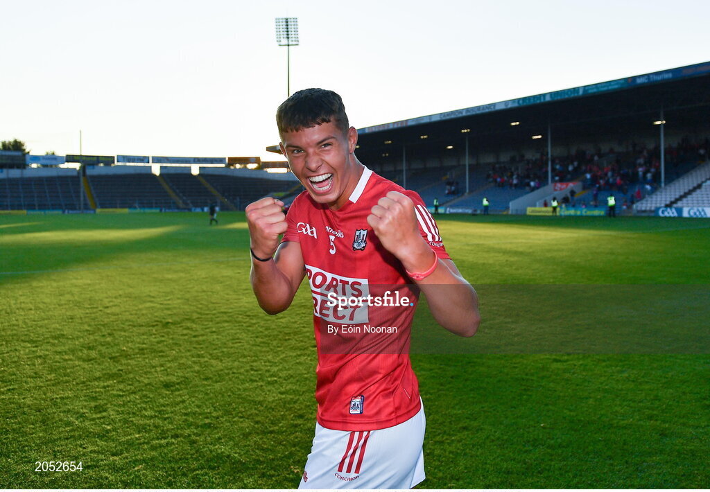 27 July 2021; James Dwyer of Cork celebrates after the Electric Ireland Munster GAA Minor Hurling Championship Semi-Final match between Limerick and Cork at Semple Stadium in Thurles, Tipperary. Photo by Eóin Noonan/Sportsfile