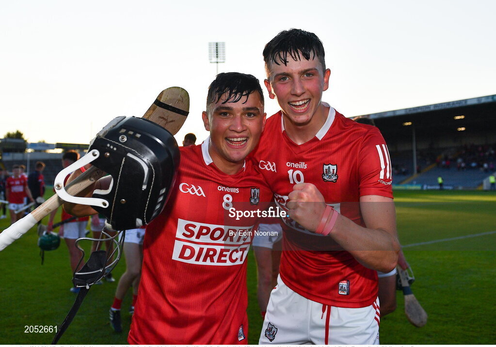 27 July 2021; Mikey Finn of Cork, left, with team-mate Diarmuid Healy after the Electric Ireland Munster GAA Minor Hurling Championship Semi-Final match between Limerick and Cork at Semple Stadium in Thurles, Tipperary. Photo by Eóin Noonan/Sportsfile